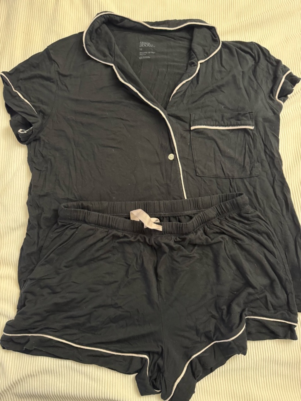 stars above Black Short Pajama Set with White Piping